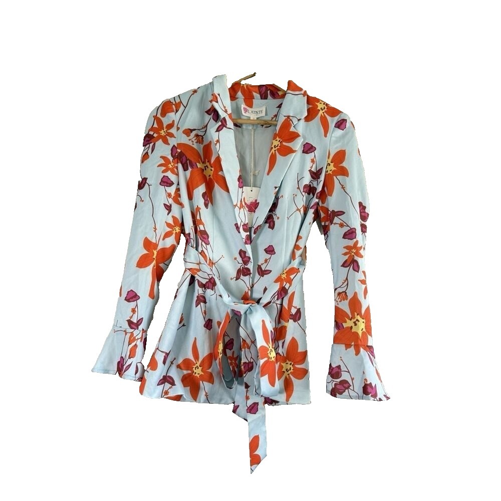 L'atiste By Amy Blazer Womens S Blue Orange Floral Print Tie Waist Floral Chic